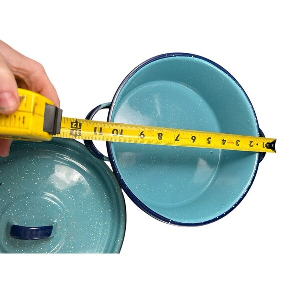 Round Shallow Saute Pot & Lid 10" Teal Cobalt Graniteware Enamelware Splatter - Picture 8 of 11